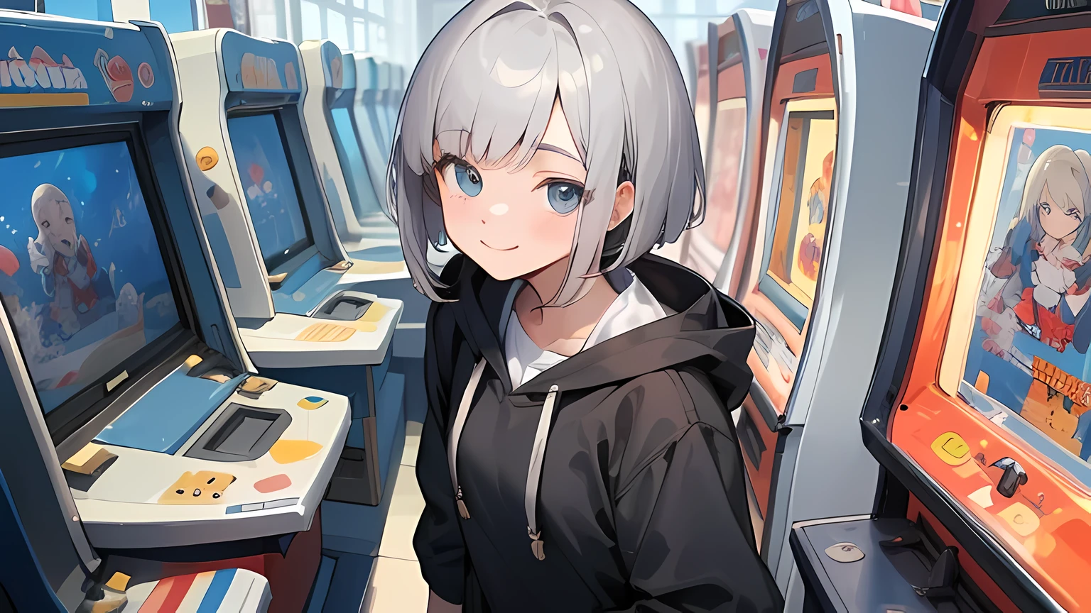 ((best quality)), ((masterpiece)), (detailed), perfect face, black and silver two toned color short bang hair, cute girl in arcade game center, hoodie and skirt, lightly smiled face