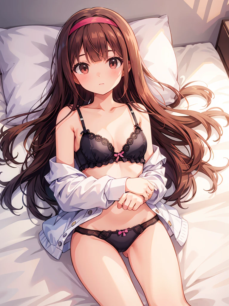 masterpiece, beautiful illustrations, highest quality, pretty girl, 1girl, Bedroom, pastel colour, (two-separated lingerie), cute lingerie, reddish brown long hair, headband, bright lighting, presenting, looking at viewer, on bed