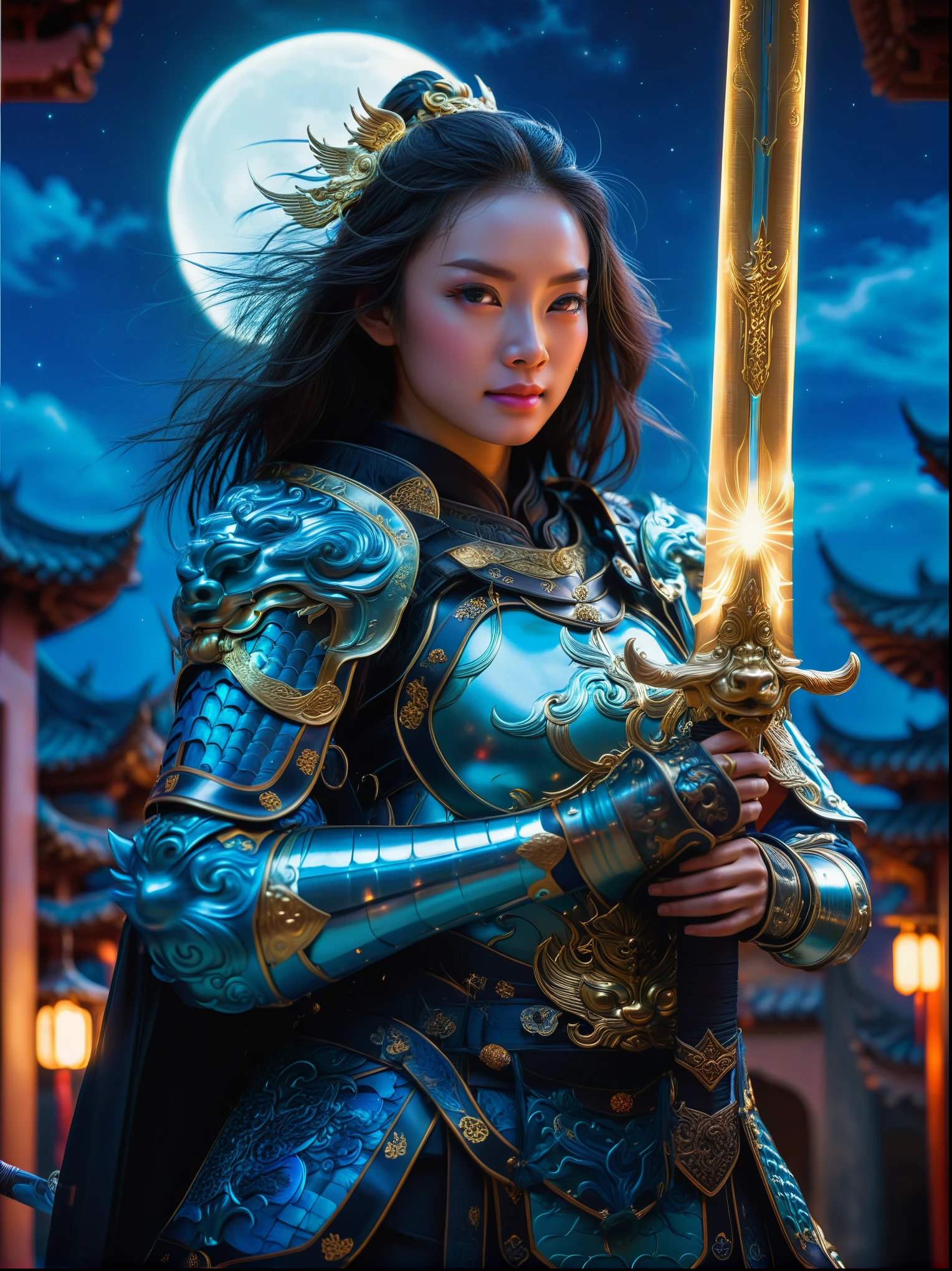 masterpiece，Realistic，Deep color，blue tint，Surrealism, Star光环, In the bright embrace of the moonlight serenade，(Black Chinese armor)，gentle beautiful girl，(The girl holds a sword in her hand)，Women&#39;s Armor，solo，pauldron，helmet，Chinese city background，blue sky，detailed眼睛，looking at the audience，Smile，Upper body，masterpiece，best quality，perfect eyes，perfect face，perfect lighting， 8K，perfect anatomy，Compared，Tone，texture, detailed, Star, Colorful halo, Vibrant energy, expressive, dramatic, organic lines and forms, dreamy and mysterious, Surrealism，portrait shooting，complex，meticulous，sharp，clear，Better image quality，Rough brushstrokes，high dynamic range，vivid，Rich in details，阴影和高光clear，reality，vehement，Compared度增强，Rich in details，Chinese_armor