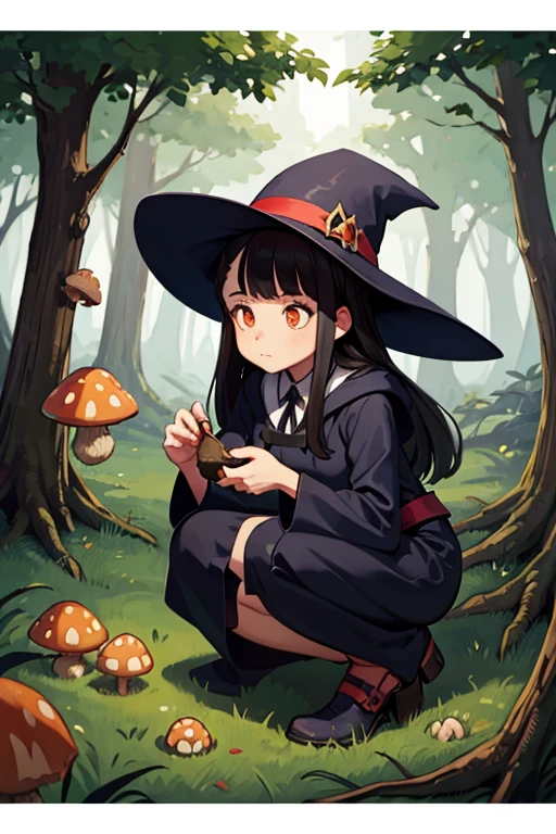 A   black haired female witch with orange eyes in a conservative Victorian dress is picking mushrooms in the forest