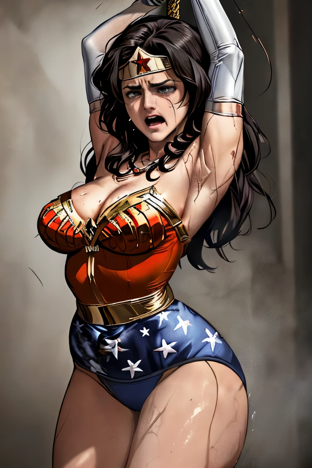 ((Wonderwoman, numa cela de pedras, roupas rasgadas, meias rasgadas)) ,((SUPERHEROINE mulher maravilha IS A FILTHY OLD WHORE)), ((emotional expression,expression of pain and despair, gritando de dor, expression of suffering, olhos arregalados)),(Wonder Woman is on her toes, peesa nas grades da cadeia), (((She's crying a lot, ela tem cabelo preto, ela tem cabelo longo))), ((She wears a thick metal necklace around her neck.)), ((She is barefoot)), (obra-prima, melhor qualidade) 1.5, 1 garota, sozinho, (sexy, mulher bonita, rosto perfeito, olhos perfeitos), corpo inteiro. ((She is wearing starry lace panties)), tears running down your face)), ((WonderWoman in Strappado bondage ,arms tied behind the back, then by use of some method of attachment such as a rope or chain that runs from their wrists to a securing point above, their arms are lifted behind them until the person is forced to bend forward)), ((emotional expression,expression of pain and despair, gritando de dor, expression of suffering, olhos arregalados, expression of fear, corpo se contorcendo de dor)), (((cabelo preto)))