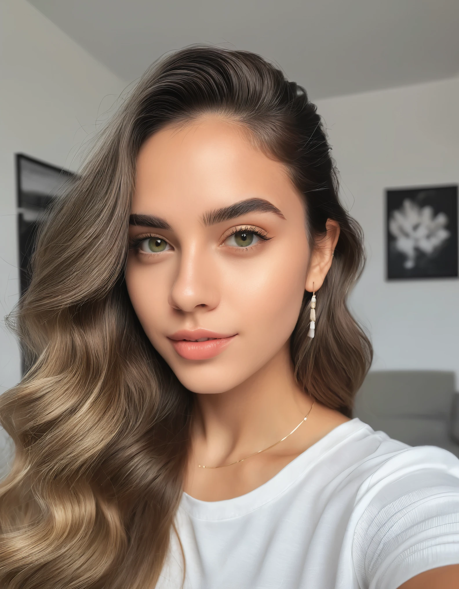 8k, Melhor qualidade, mesa, realista, O ultra-detalhado, fotografia realista, Um hiper-realista, softer lighting, increase the quality of cinematic lighting, photorealistic lighting, Back lighting, luz brilhante, Aumentar a qualidade, Peles com textura real de alta qualidade, fechar-se, delgado, rosto fofo, selfie live olhos lindos e detalhados, snapshot garota branca magra, 18 anos, cabelo liso, fino, branca de olhos verdes, istp style, foto realista, brasileira, carioca, apartamento simples, pequeno, analog camera effect