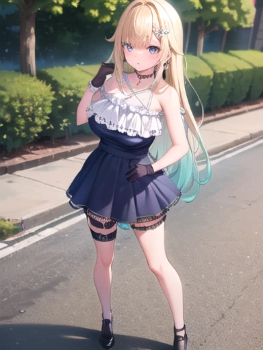 (masterpiece:1.3),((High resolution)),((high quality)),((Super detailed))、1 girl、perfect balance、perfect face、detailed face、cute face、beautiful詳細な目、Expressive eyes、cute eyes、shiny eyes、perfect body、beautiful体、Emma Aizawa,long hair、gradient hair、hair ornament、lace choker、black choker、bear shoulder、Chris Cross Halter、Blue Dress、frills、black bow、Black Gloves、thigh strap、fishnet、single thigh high,(big breasts)、(head shot)、embarrassing、blush、beautiful女の子、cute face、beautiful顔、cute face、beautiful、best quality、good anatomy、smile、closed mouth、blush、Are standing、From above、(NSFW:1.3), ((full body)),((Super detailedな背景)), mistress pose, ((8k wallpaper)) , smile, blush, outdoor, Day, blue sky, empty, looking at the viewer, moody lighting, face-to-face audience、Are standing、from below