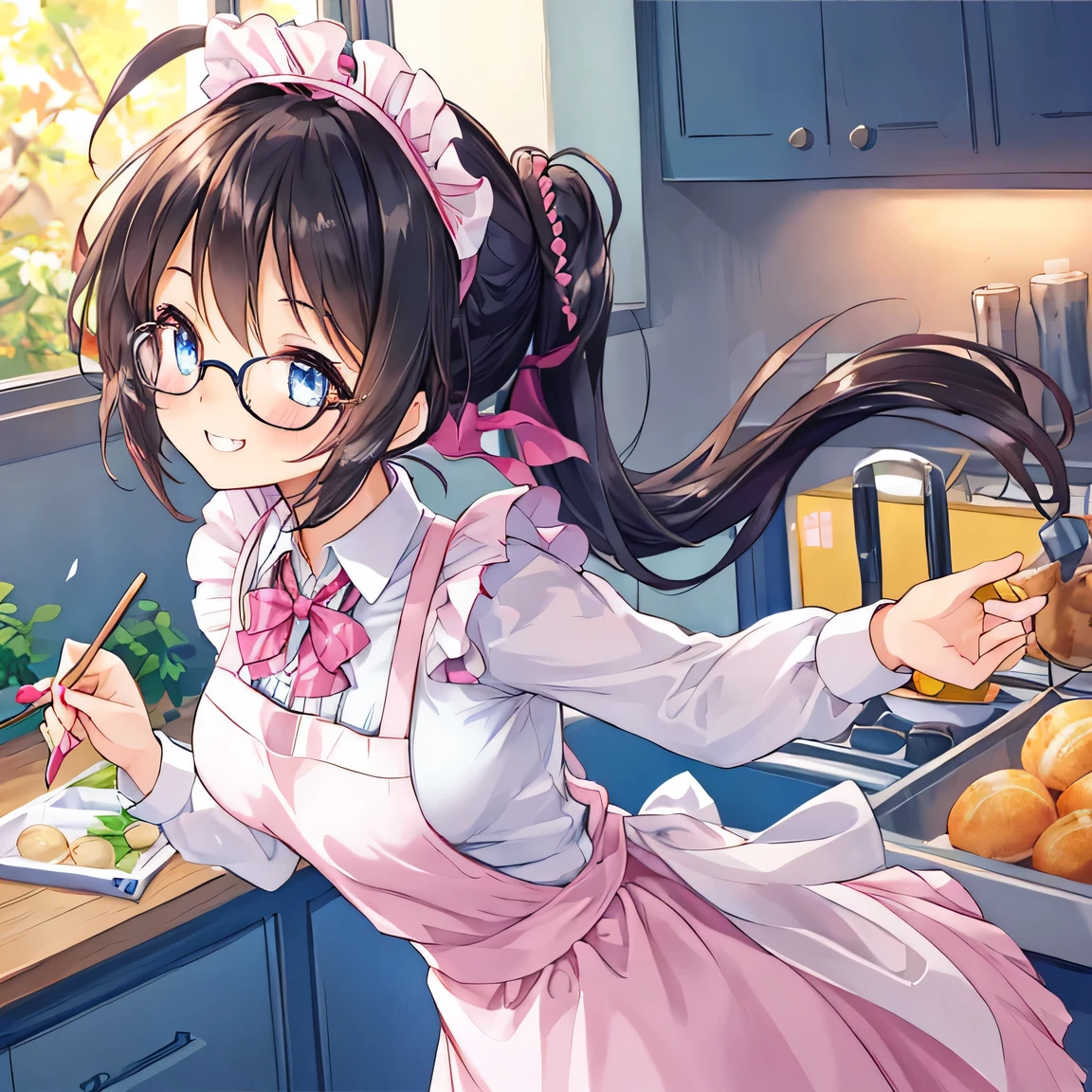((masterpiece)), ((best quality)), (ultra-detailed), ((kawaii)), cute, (lovely), illustration, anime style, dynamic angle, upper body, ((focus on her nape from a diagonal rear angle)), a cute girl, 1girl, solo, kitchen, apron, Blazer uniform, (((not turn around))), (beautiful eyes), ((looking away)), beautiful black hair, long hair, ponytail, horseshoe-shaped hairband, medium breast, slim, slender, glasses, smiling, fang, endearing, blush, elegant, youthful, graceful, ((The tips of her canine teeth are peeking out from her smiling mouth)), Double Tooth, seductive smile, Beautiful girl with her hair tied up, (((revealing her nape))), ((captured from a diagonal rear angle)), tied hair, nape, rear view, blush.