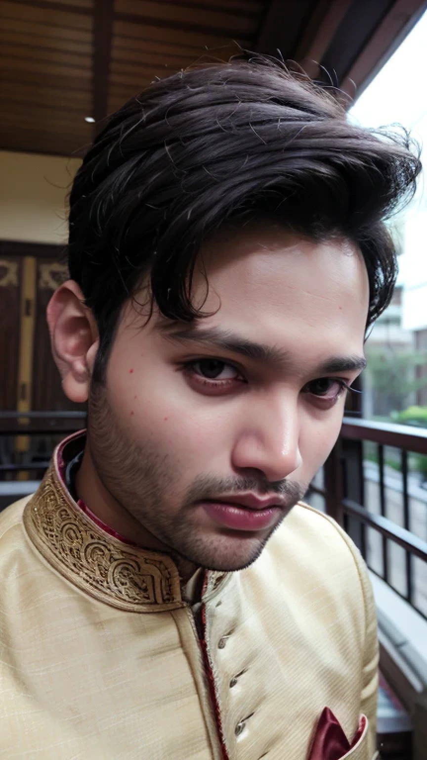"A stunning portrait showcasing the charm and sophistication of a stylish young man with a well groomed beard, captivating black eyes, and neatly styled short brown hair.award winning photography,film photography, professional colour grading,8k,khabirgazi, potrait, wallpaper,hd,solo,1man,only closup face shot"(wearing white sherwani)[real life photo:2.0]