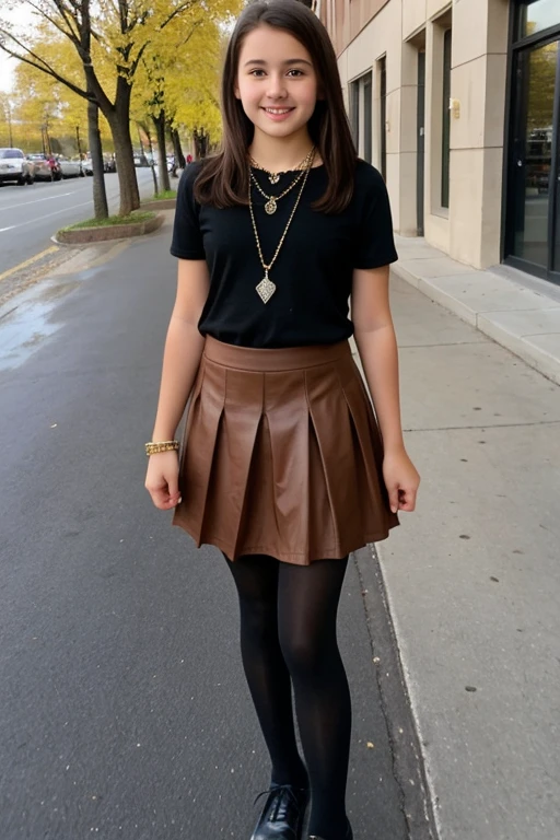 12 year old girl with straight brown hair wearing black tights and skirt with necklaces taking a full body selfie 