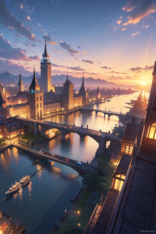 (best quality,4k,8k,highres,masterpiece:1.2),ultra-detailed,realistic,photorealistic:1.37, A fantasy port city at dusk 