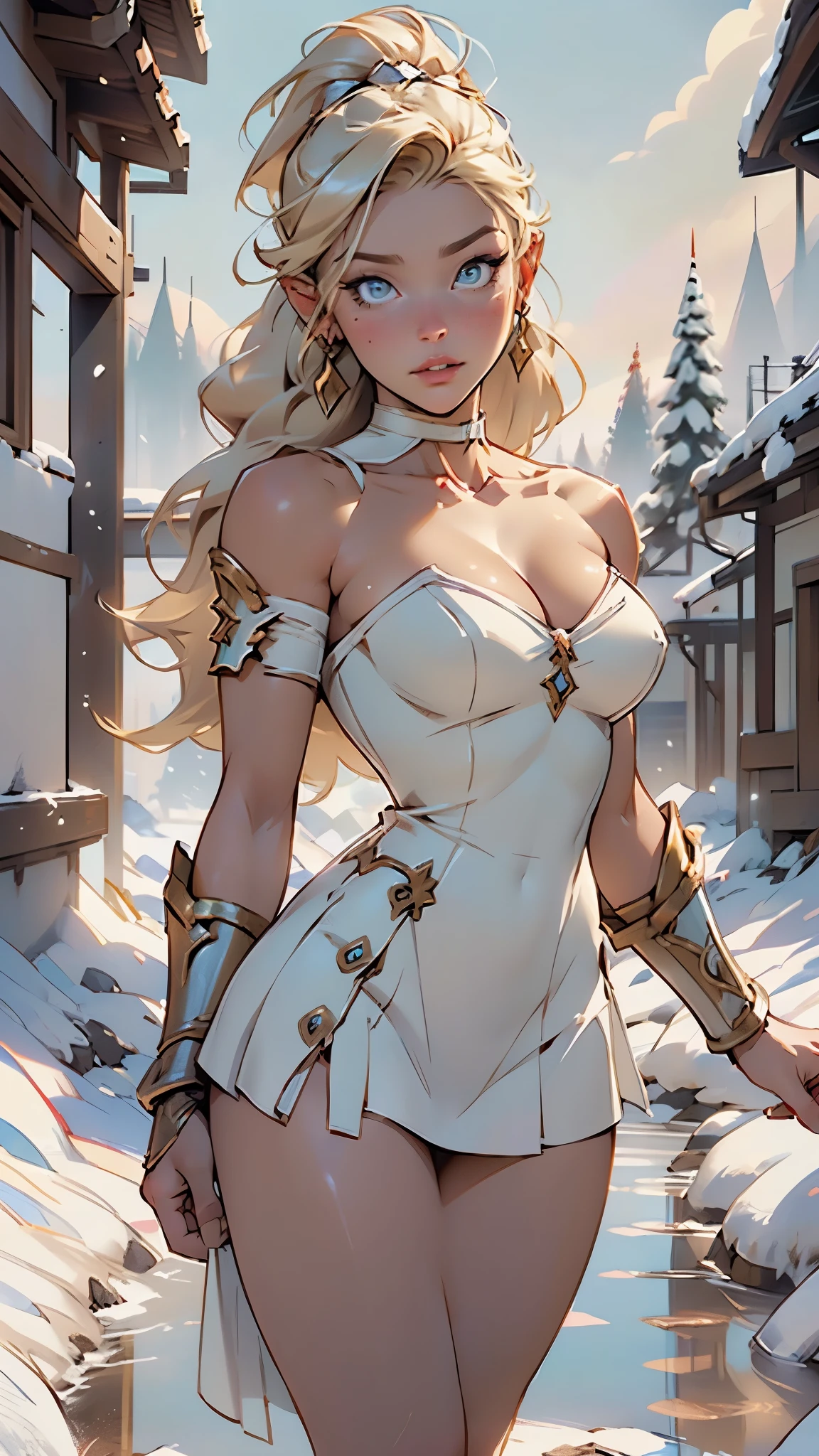 ((((She-Ra)))),1girl,
(large breasts:1.4),((((blonde hair, long blond hair,hair pulled back,)))),(((blue_eyes:1.3))),intricate eyes,beautiful detailed eyes,symmetrical eyes,((((lustrous skin:1.5,tanned skin,bright skin: 1.5,skin tanned,shiny skin,very shiny skin,shiny body,Reflective skin)))),(spider lower abdomen,narrow waist,wide hip,athletic body,inflated legs,thick thighs,(detailed face)),beautiful detailed lips,Muscles,(Muscles: 1.2), ((strong and healthy body)), ((((more) Muscles))), stunning, show abs, show stomach,muscular abs,lips,lipstick,makeup,red lips,
cute,slutty,sensual,seductive look,seductive,((erotic)),warrior, fierce, strong, beautiful, dynamic,((nsfw)),sexy,
((armor,cleavage,collarbone,dress,strapless dress,bare shoulders,white dress,micro skirt,ruffled mini skirt)),(gauntlets, golden headdress),(cape,red cape),(choker,orange choker,gem),
(flirtatious pose:1.3), looking at viewer,embarrassed,centered,scale to fit dimensions,Rule of thirds,
((snowy barbarian palace)),winter,scenery:1.25,((intricate scenery)),((snow forest background)),snow everywhere,(,snowy barbarian palace background,snowy pyramids in the background),extremely scenery,(puddles everywhere),clouds,barbarian style,barbarian castle,(sunset, golden hour),
(Glossy barbarian ornaments),highres,sharp focus,(ultra detailed,extremely detailed),(photorealistic artwork:1.37),(extremely detailed CG unity 8k wallpaper),(((vibrant colors,vibrant theme))),(intricate),(masterpiece),(best quality),artistic photography,(photography taken by sldr),(intricate background),perfect rendered face,perfect face details,realistic face,photo realistic,((intricate detail)),(((realism))),