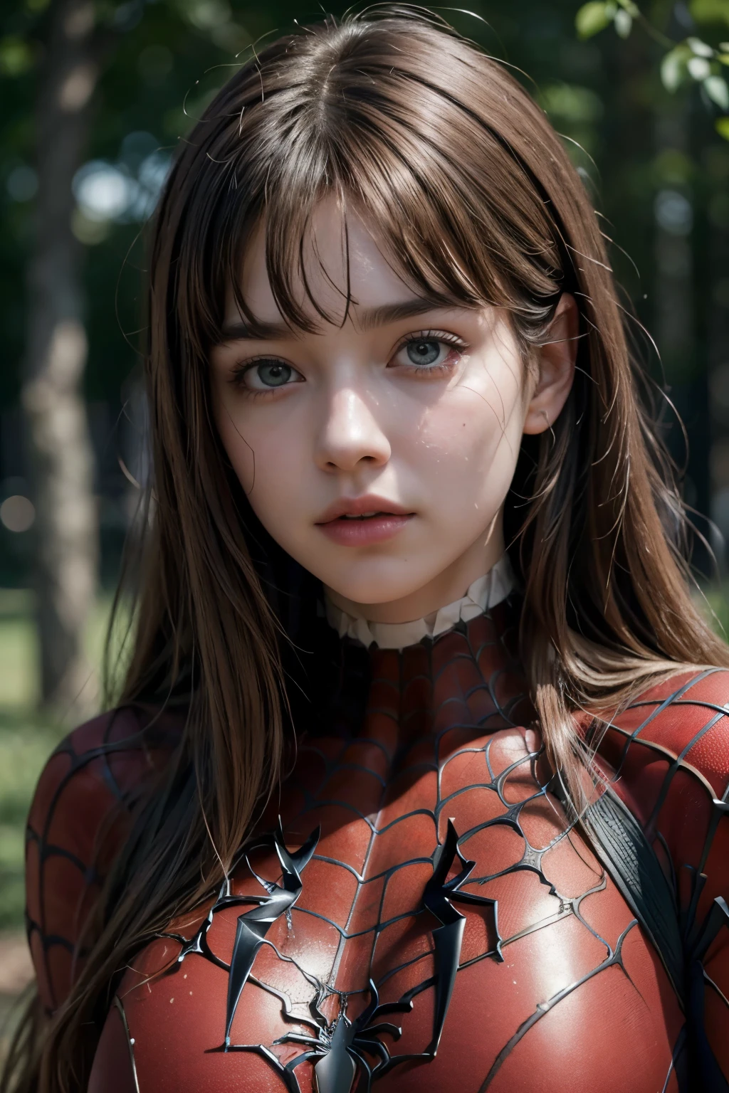 8K,((masterpiece)), ((best quality)), (ultra-detailed), High detail, professional photograph, highest quality, floating hair, beautiful detailed, (((realistic))), hyper realistic character,natural lighting ,beautiful detailed eyes,1girl, solo,blunt bangs, realistic, Spiderman costume, big tits