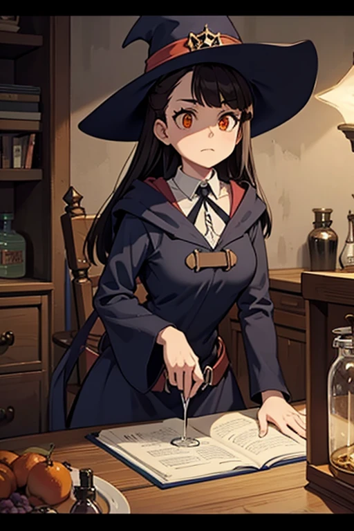 A black haired female witch with orange eyes in a conservative Victorian dress is making a potion