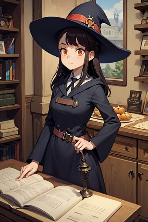 A black haired female witch with orange eyes in a conservative Victorian dress is making an invention in a shop