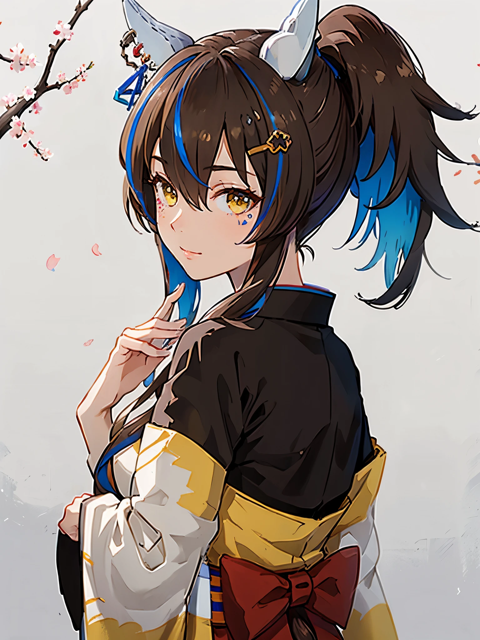 
(8k, RAW photos, top quality, masterpieces), (solo, 1 girl, ahoge: 1.2) , Chinese ink painting, horse girl, glint,  horse ears, horse girl, five fingers,  dynamic lighting, High resolution, sharp focus, depth of field, fashionable, elegance, charming, seductive, gorgeous, stunning,  lovely, charming, cute, beautiful detailed face, beautiful detailed eyes, soft expression, slim Beautiful figure, curvaceous, hourglass shape, moderate bust, slender arms, graceful hands, delicate fingers, slim wrists, elegant neck, smooth skin, dynamic angle, perfect composition, daitaku helios \(umamusume\), kimono, Yellow kimono,smile under the cherry blossom tree,from behind,looking back,Delicate touch, precise brush strokes, realism