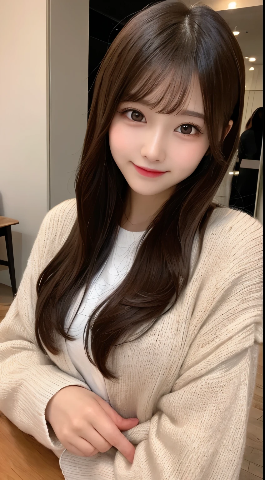 table top, highest quality, figure, Super detailed, finely, High resolution, 8k wallpaper, 完璧なダイナミックな構figure, detailed and beautiful eyes, Long coat and knit,medium hair,small breasts natural color lip, bold sexy pose,smile,Harajuku、20 year old girl、cute、sexy shot looking at camera,perfect and beautiful face
