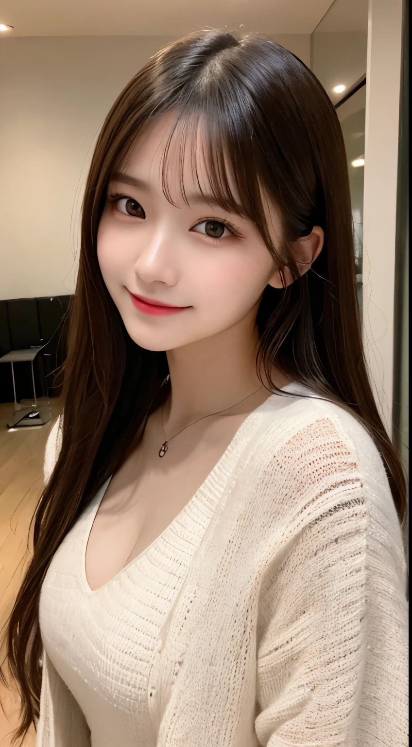 table top, highest quality, figure, Super detailed, finely, High resolution, 8k wallpaper, 完璧なダイナミックな構figure, detailed and beautiful eyes, Long coat and knit,medium hair,small breasts natural color lip, bold sexy pose,smile,Harajuku、20 year old girl、cute、sexy shot looking at camera,perfect and beautiful face