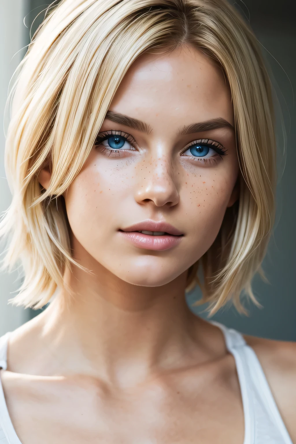 blond beautiful 18 yo woman short hair with blue eyes beautiful lips looking at the camera, a photorealistic, photorealism, white freckles, light freckles attractive beautiful face, soft freckles, (perfect face ), beautiful fine face features