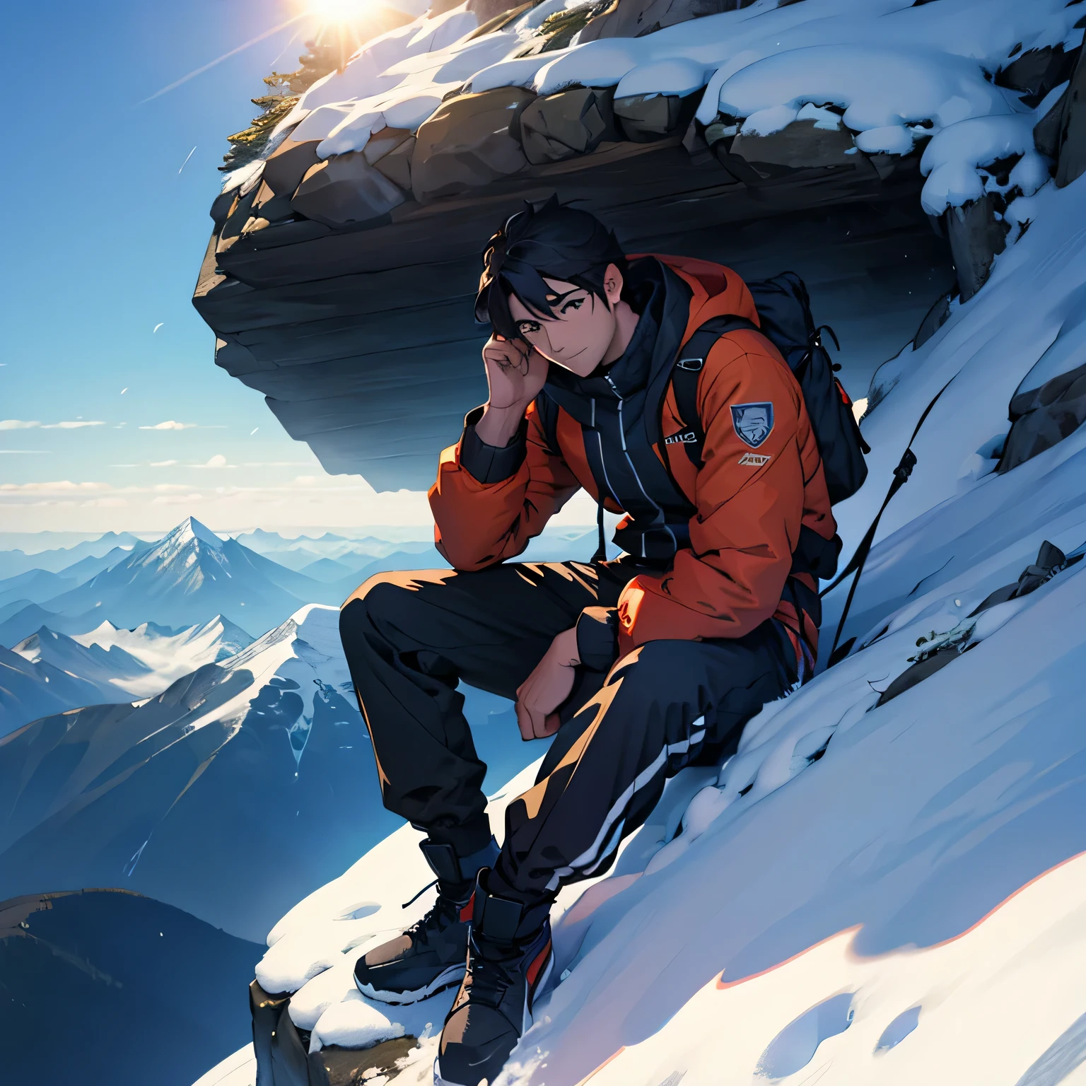 Man sitting at the peak of mount eveverest staring into the sun