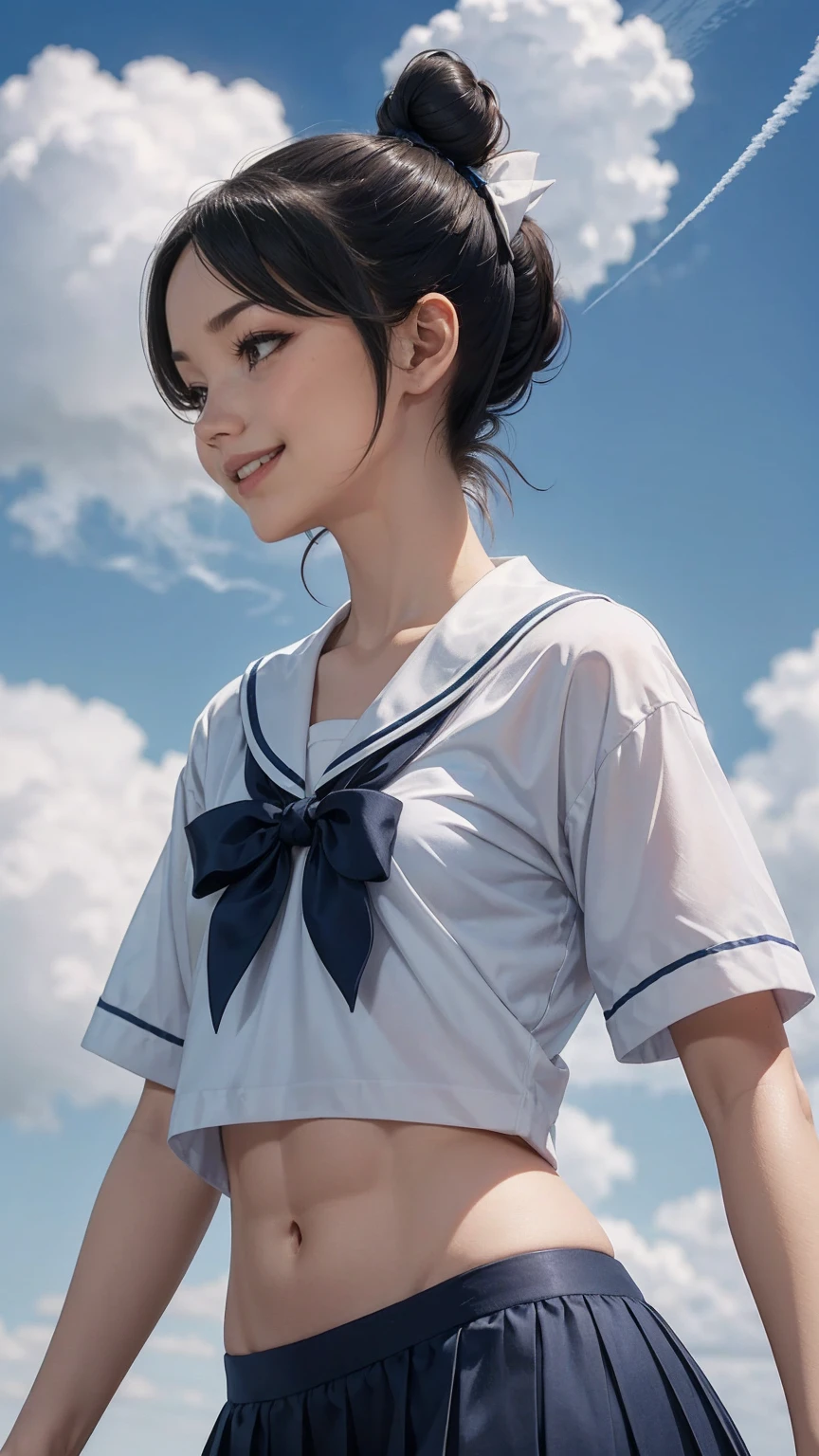 (最high quality, 8K, masterpiece: 1.3, Ultra HD, high quality, 最high quality, High resolution, realism)) 、slender、slenderだがアスリートのような細マッチョ、I don&#39;t want my head to disappear from the screen.、inner color((colored inner hair))、Smile((smile))、black hair((black hair))、black eye、Summer Clothes((white))wear a sailor suit、Lower milk visible、My abs have a six-pack、Navel visible、Wear a navy blue pleated skirt、white靴下履く、Three-ply chignon((triple bun))、summer blue sky、There is a contrail between the clouds、Low-angle perspective、Lush、front ponytail((front ponytail))、Under the shade