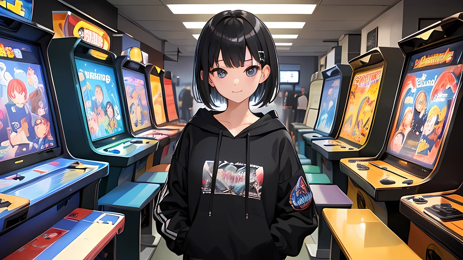 ((best quality)), ((masterpiece)), (detailed), perfect face, black and silver two toned color short bang hair, cute girl in arcade game center, hoodie and skirt, lightly smiled face