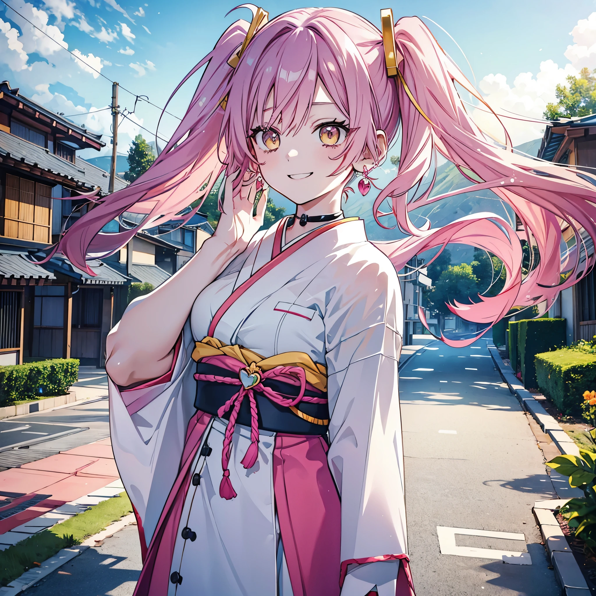 1 girl twintails hair, long hair, pink hair, yellow eyes anime, medium breasts, medium ass, Hairpins, Choker, big smile, happy face, Standin, Japanese , looking at the scenery, a hand on the forehead watching the scenery, wind, mouth open surprised and happy, long heart-shaped earrings, ultra detailed, 8K wallpaper, Houses and road in the background 