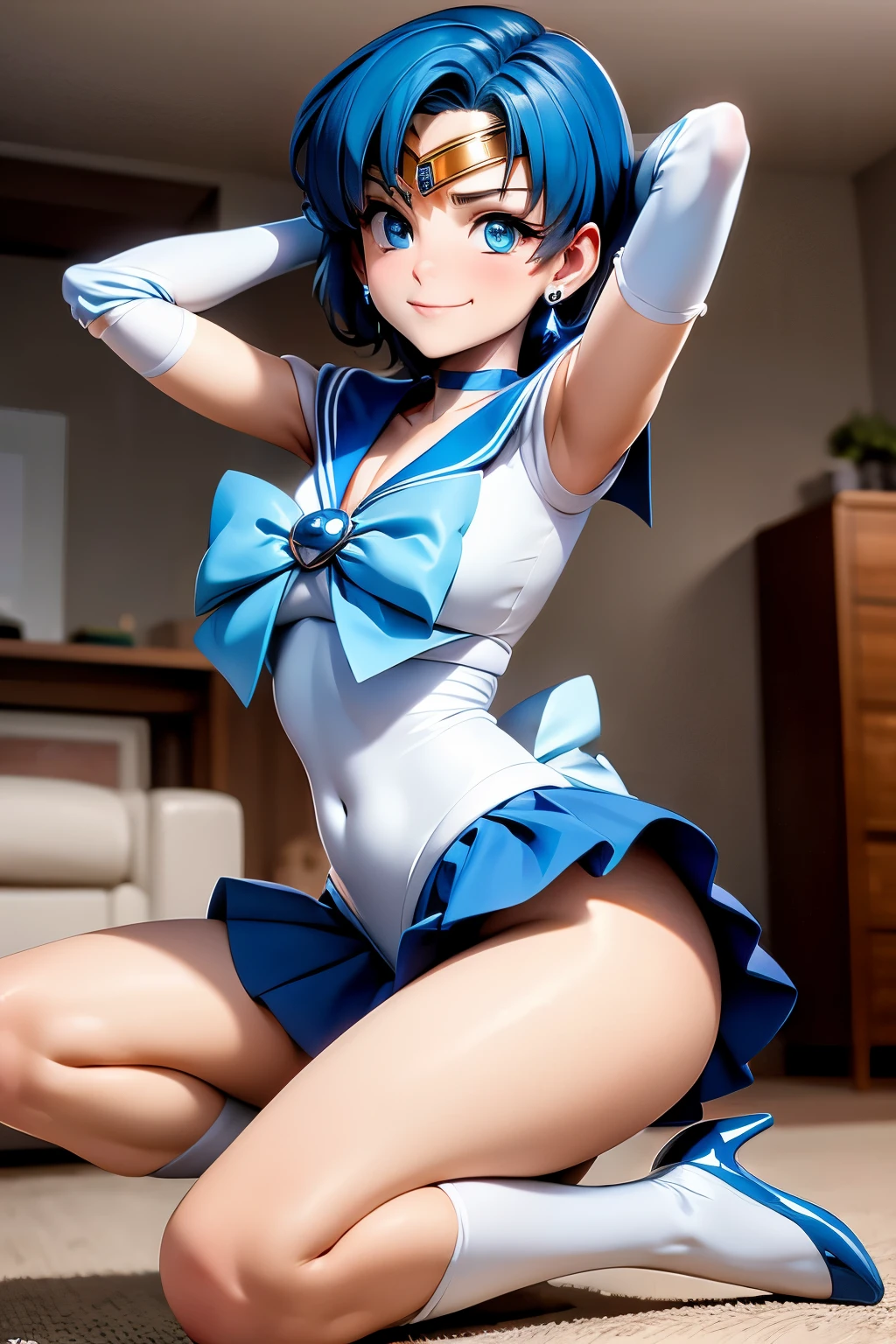 whole body, Sailor Mercury, short blue hair, blue eyes, circlet, choker, earrings, blue sailor senshi uniform, white elbow gloves, blue bow, blue skirt, blue heels, looking at viewer, serious, smirk, squatting, Open your thighs wide to the left and right, Showing off your crotch to the viewers, arm behind head, inside living room, soft lighting, high quality, masterpiece, embarrassing, blush