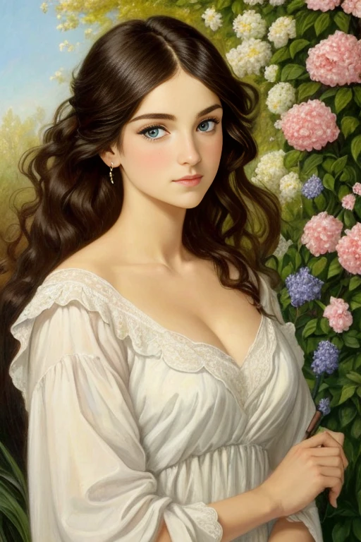 painting style gabriel dante rossetti, young woman black hair, blue eyes, night in a garden, Optimal quality, beautiful face, flowing white dress