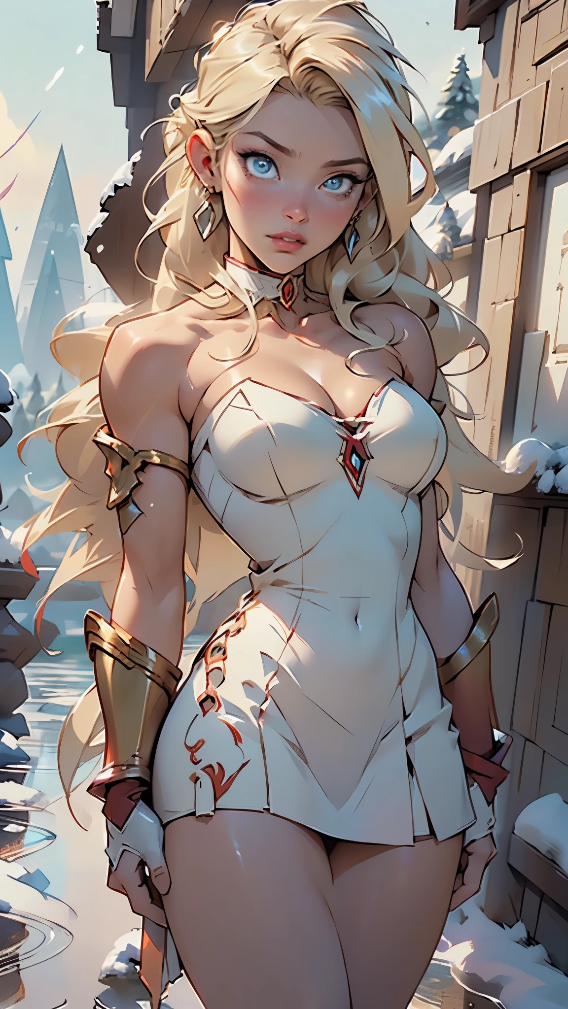 ((((She-Ra)))),1girl,
(large breasts:1.4),((((blonde hair, long blond hair,hair pulled back,)))),(((blue_eyes:1.3))),intricate eyes,beautiful detailed eyes,symmetrical eyes,((((lustrous skin:1.5,tanned skin,bright skin: 1.5,skin tanned,shiny skin,very shiny skin,shiny body,Reflective skin)))),(spider lower abdomen,narrow waist,wide hip,athletic body,inflated legs,thick thighs,(detailed face)),beautiful detailed lips,Muscles,(Muscles: 1.2), ((strong and healthy body)), ((((more) Muscles))), stunning, show abs, show stomach,muscular abs,lips,lipstick,makeup,red lips,
cute,slutty,sensual,seductive look,seductive,((erotic)),warrior, fierce, strong, beautiful, dynamic,((nsfw)),sexy,
((armor,cleavage,collarbone,dress,strapless dress,bare shoulders,white dress,micro skirt,ruffled mini skirt)),(gauntlets, golden headdress),(cape,red cape),(choker,orange choker,gem),
(flirtatious pose:1.3), looking at viewer,embarrassed,centered,scale to fit dimensions,Rule of thirds,
((snowy barbarian palace)),winter,scenery:1.25,((intricate scenery)),((snow forest background)),snow everywhere,(,snowy barbarian palace background,snowy pyramids in the background),extremely scenery,(puddles everywhere),clouds,barbarian style,barbarian castle,(sunset, golden hour),
(Glossy barbarian ornaments),highres,sharp focus,(ultra detailed,extremely detailed),(photorealistic artwork:1.37),(extremely detailed CG unity 8k wallpaper),(((vibrant colors,vibrant theme))),(intricate),(masterpiece),(best quality),artistic photography,(photography taken by sldr),(intricate background),perfect rendered face,perfect face details,realistic face,photo realistic,((intricate detail)),(((realism))),