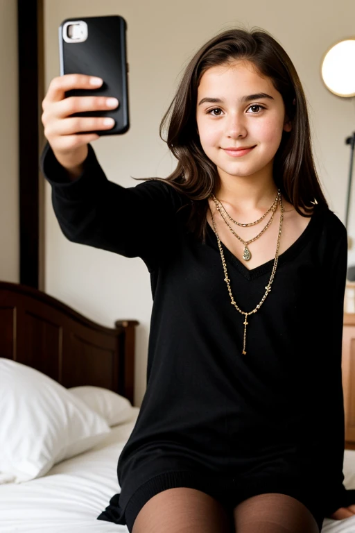 *********** girl with straight brown hair wearing black stockings with necklaces taking a selfie