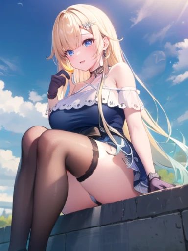 (masterpiece:1.3),((High resolution)),((high quality)),((Super detailed))、1 girl、perfect balance、perfect face、detailed face、cute face、beautiful詳細な目、Expressive eyes、cute eyes、shiny eyes、perfect body、beautiful体、Emma Aizawa,long hair、gradient hair、hair ornament、lace choker、black choker、bear shoulder、Chris Cross Halter、Blue Dress、frills、black ribbons、Black Gloves、thigh strap、((fishnet))、((single thigh high)),(big breasts)、(head shot)、embarrassing、blush、beautiful女の子、cute face、beautiful顔、cute face、beautiful、best quality、good anatomy、smile、closed mouth、blush、Are standing、From above、(NSFW:1.3), ((full body)),((Super detailedな背景)), mistress pose, ((8k wallpaper)) , smile, blush, outdoor, Day, blue sky, empty, looking at the viewer, moody lighting, face-to-face audience、Are standing、from below