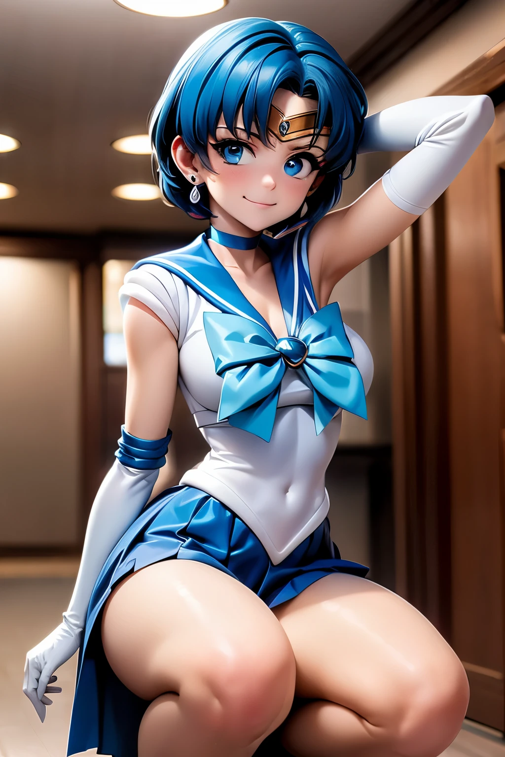 EPsmSailor Mercury,  blue hair, blue eyes, circlet, choker, earrings, blue sailor senshi uniform, white elbow gloves, yellow bow, blue skirt, blue long ブーツ, looking at viewer, serious, smirk, squatting, Open your thighs wide to the left and right, Showing off your crotch to the viewers, arm behind head, In town, soft lighting, high quality, masterpiece,  smile, embarrassing, blush