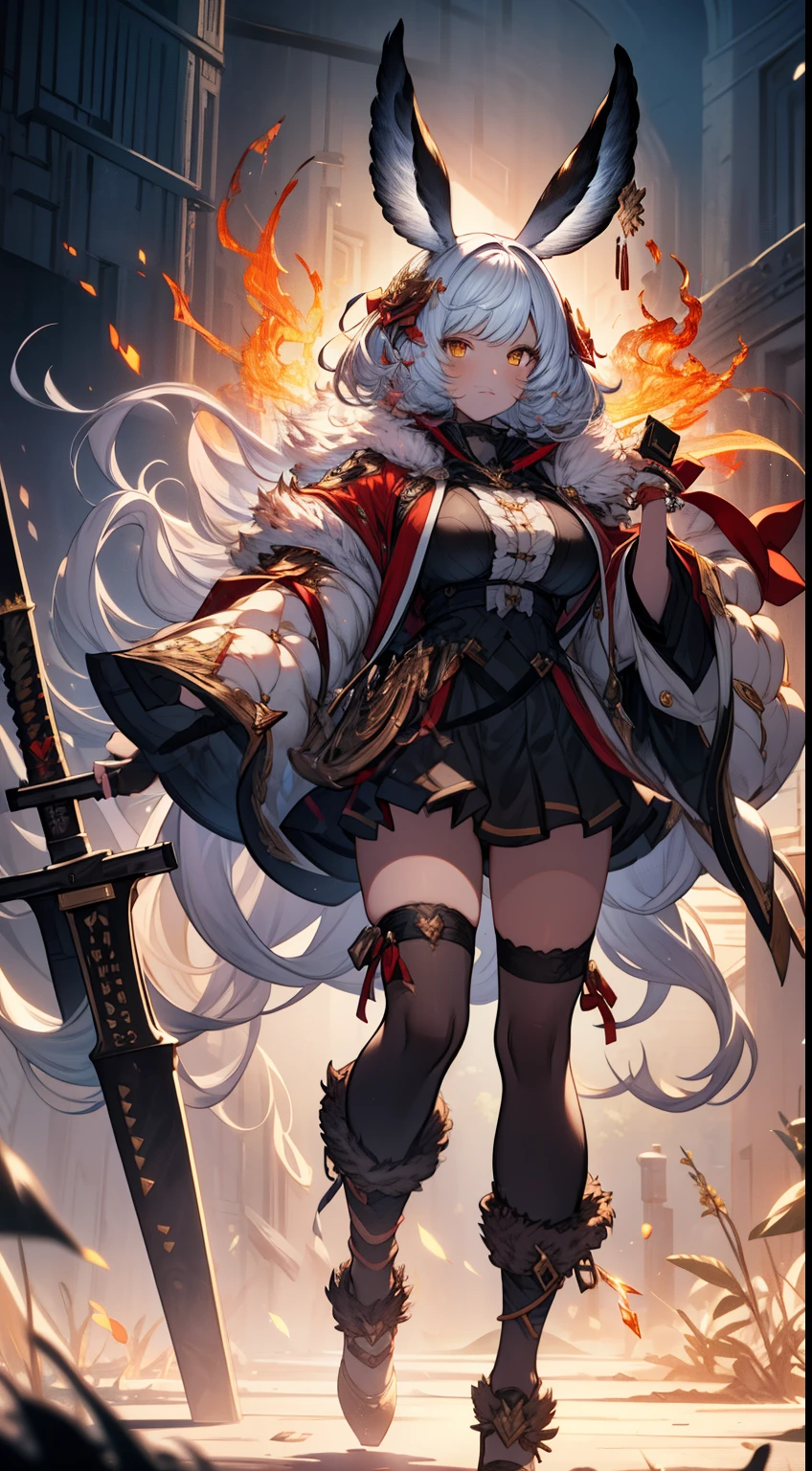 Fullbody, feet, standind up, foot, silver goddess in flame-red pleated skinny cloth with golden lines accents, long sleeves, fireball, satin, fur, (stockings), decollete, natural breasts, slim body, big weapons, ((rune lines on skin)), zettai ryouiki, medium length hair with golden red strands, beautiful detailed bright fire eyes, bunny ears, long blue hair, portrait, most realistic, highest quality, best quality, Detailed,Realistic, 4k highly detailed digital art, octane render, bioluminescent, (cool_color), best pixels, 8k ultra