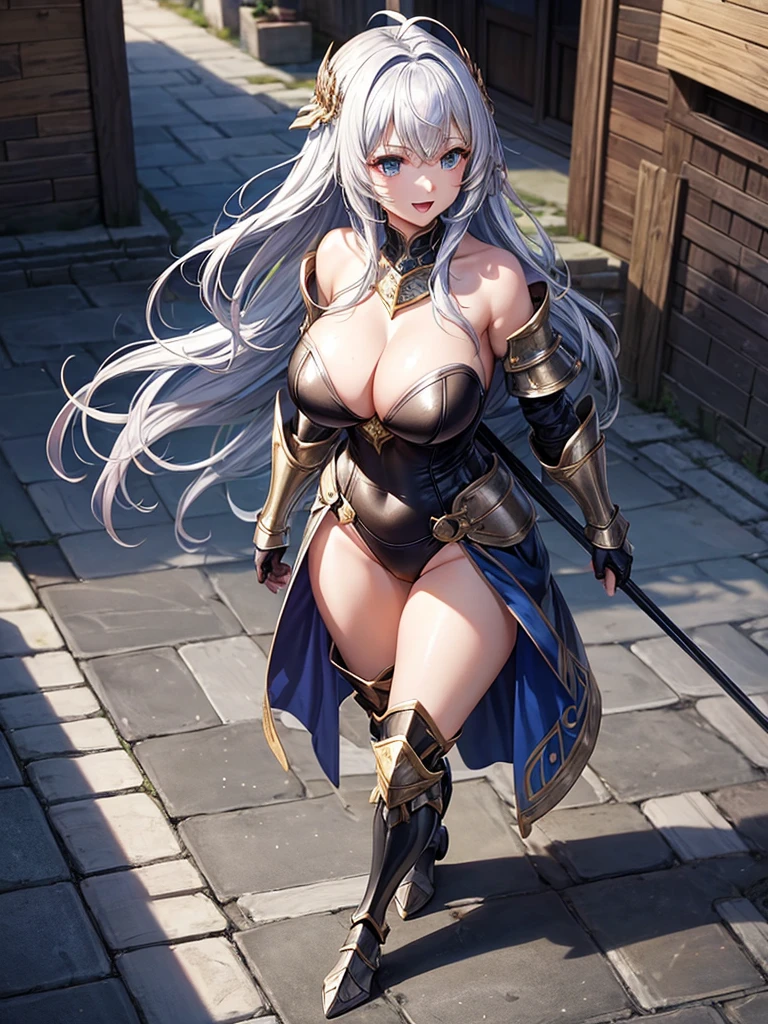 Woman knight、a beauty girl、huge tit、Excellent style、Nice Buddy、glamorous、leotard、s Armor、Shoulder rest armor、Bra chest armor、knee boots、gauntlets、hair adornments、silber hair、Longhaire、Ahoge、is standing、full body seen 、Medieval city、Walking、slightly open mouth、a smile、