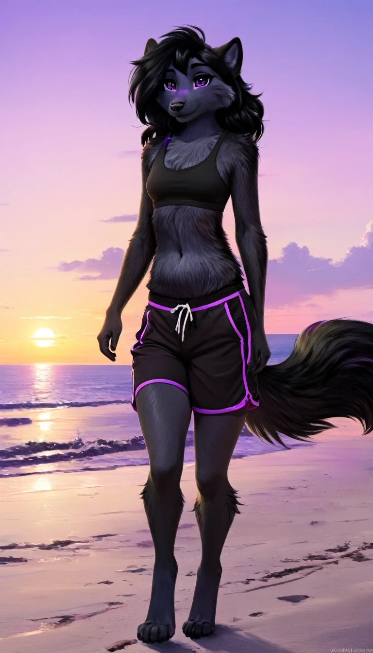 Furry, black fur, Black hair with purple highlights, beach, just shorts, walking, Relaxed expression, sunset