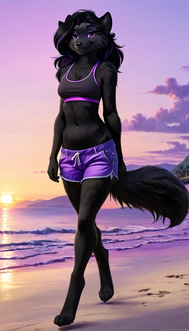 Furry, black fur, Black hair with purple highlights, beach, just shorts, walking, Relaxed expression, sunset