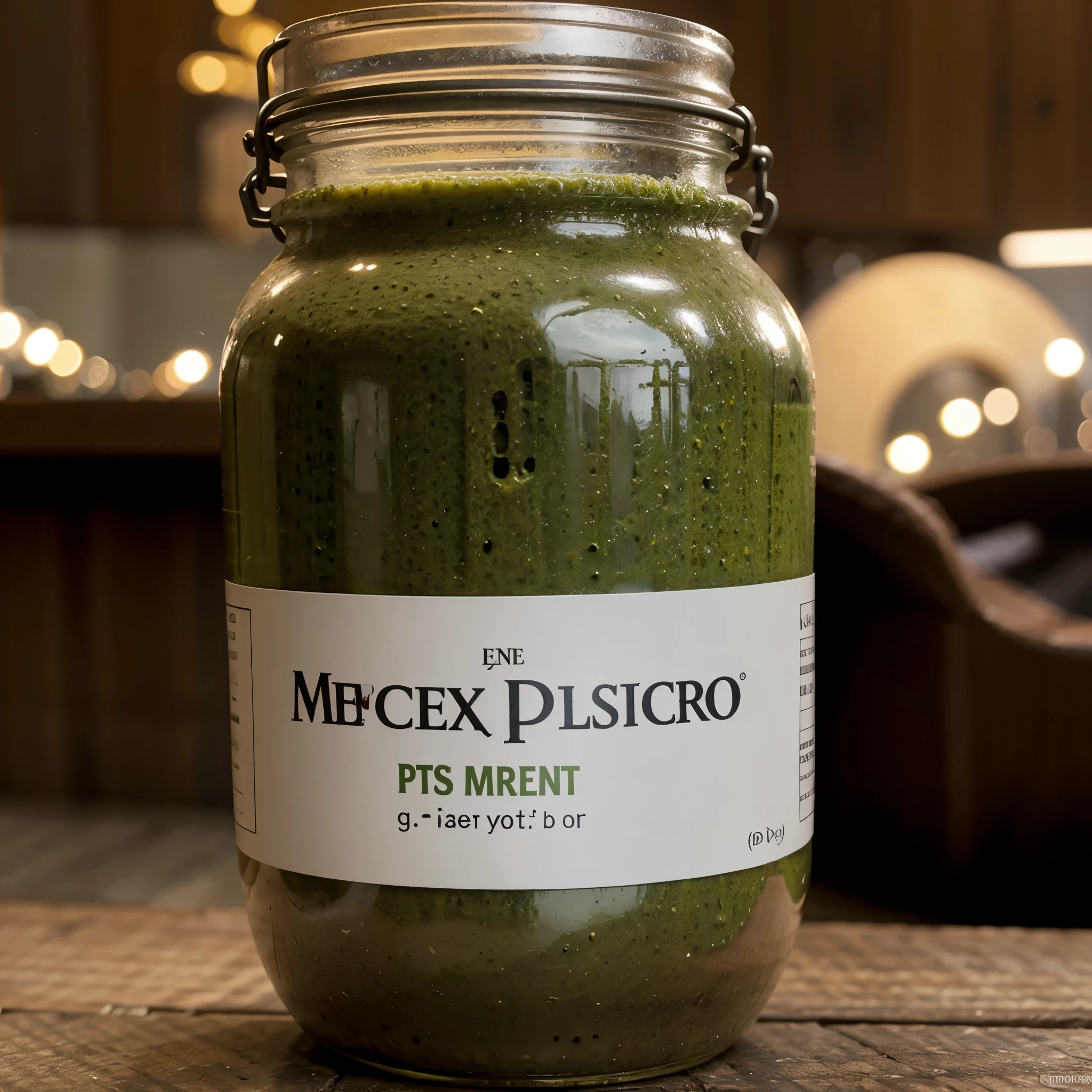 Un tarro se vidro con pesto adentro, a little label that says jm and pesto and is the edition #001