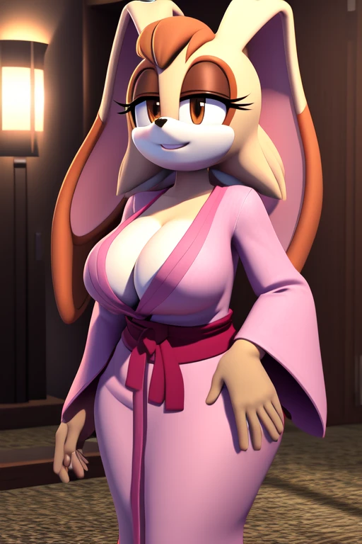 Masterpiece, high quality, studio quality, intricate details, 4k, 1girl, Vanilla the Rabbit, pink kimono, eyes open, brown eyes, big breasts