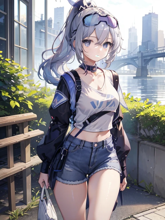 Beautiful masterpiece, best quality, illustration style, An anime girl with curly ponytail, beautiful eyes, summer, The hem of the white short-sleeved shirt was blown up by the wind, jeans, Blue and purple gradient goggles, small, heartwarming, young and beautiful, Heroic and heroic, Black and white, white hair, Show a natural and casual style. Dynamic posture contains the golden ratio, Large aperture portrait, blank, Strong contrast between light and shadow, Super texture, Super clear and concise pictures, showing extremely beautiful, Elegance, exquisite facial expressions, city background, rain, Beautiful breasts reflected in water in road area、huge breasts:1.4，plump breasts