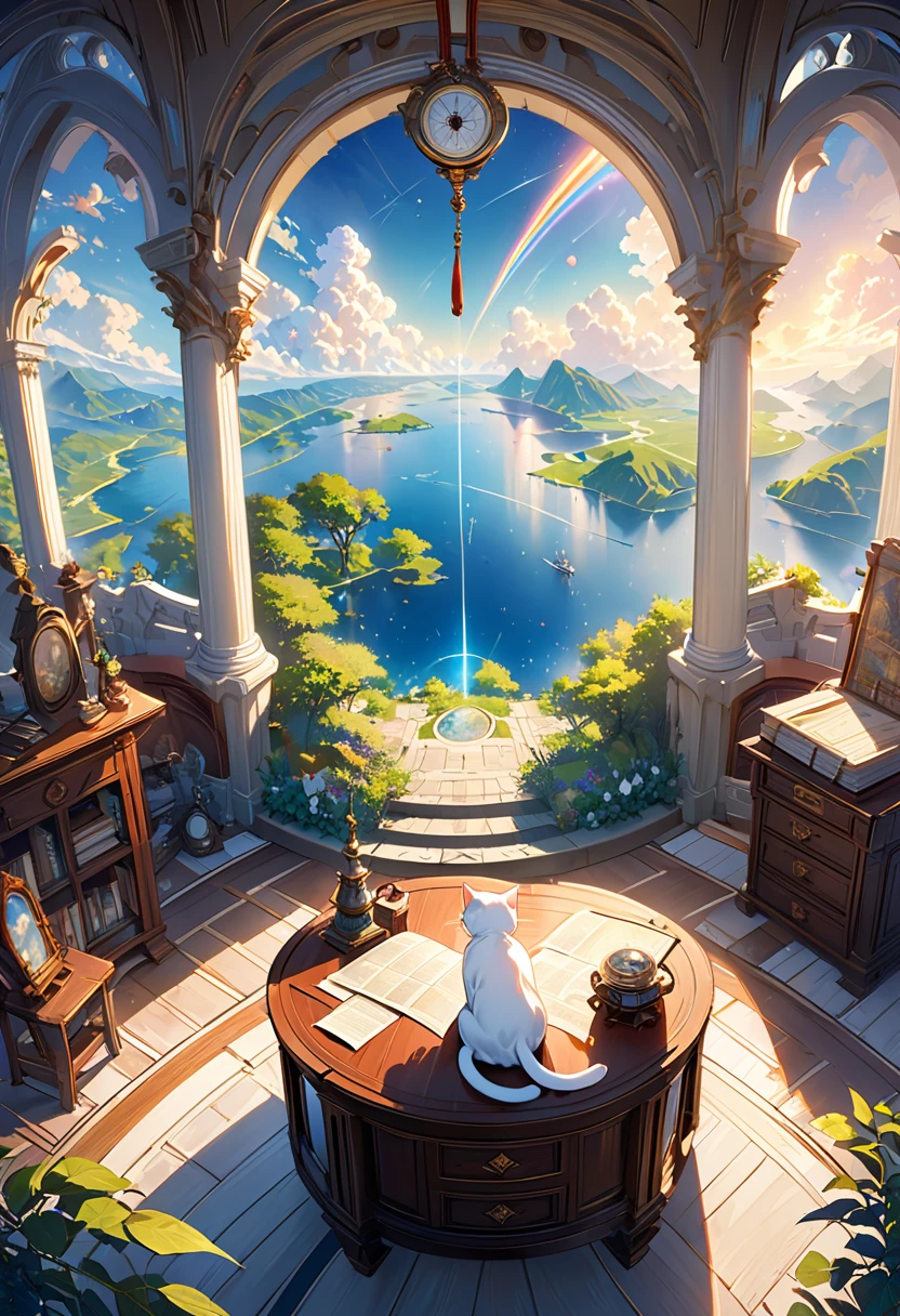 (8K、Raw photo、highest quality、look up:1.2、masterpiece:1.2、genuineistic、ultra high resolution、high contrast、photon mapping、genuine、Super detailed、official art, Raw photo、professional lighting、 light、Vivid atmosphere、twicelight) (1 girl),（One white kitten）,The morning sun comes in、On an antique desk in the airship&#39;s VIP room、The world map is unfolded。Using a compass、Checking the direction to the destination、A girl and a white kitten、I feel hope, joy, and anxiety.。The outside world seen from the VIP room、Stars in the sky々And the Milky Way shines、The ancient city appears in the air like a heat haze.、On the ground、Surrounded by greenery、A medieval Roman city-state on the shores of a lake、Shining in the morning sun。An atmosphere that exudes the excitement of adventure。High Fantasy Worldview,　Beautiful depiction of grand composition and proportions, Guardian nebula of rainbow light and silvery vapor, Corrosive Encirclement Ray Family Color, slimy air feeling,