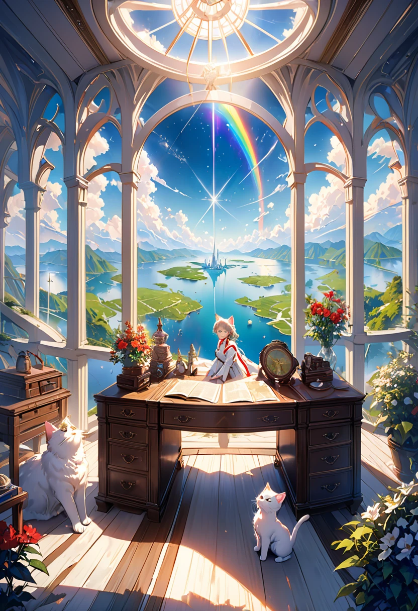 (8K、Raw photo、highest quality、look up:1.2、masterpiece:1.2、genuineistic、ultra high resolution、high contrast、photon mapping、genuine、Super detailed、official art, Raw photo、professional lighting、 light、Vivid atmosphere、twicelight) (1 girl),(One white kitten),The morning sun comes in、On an antique desk in the airship's VIP room、The world map is unfolded。Using a compass、Checking the direction to the destination、A girl and a white kitten、I feel hope, joy, and anxiety.。The outside world seen from the VIP room、Stars in the sky々And the Milky Way shines、The ancient city appears in the air like a heat haze.、On the ground、Surrounded by greenery、A medieval Roman city-state on the shores of a lake、Shining in the morning sun。An atmosphere that exudes the excitement of adventure。High Fantasy Worldview, Beautiful depiction of grand composition and proportions, Guardian nebula of rainbow light and silvery vapor, Corrosive Encirclement Ray Family Color, slimy air feeling,