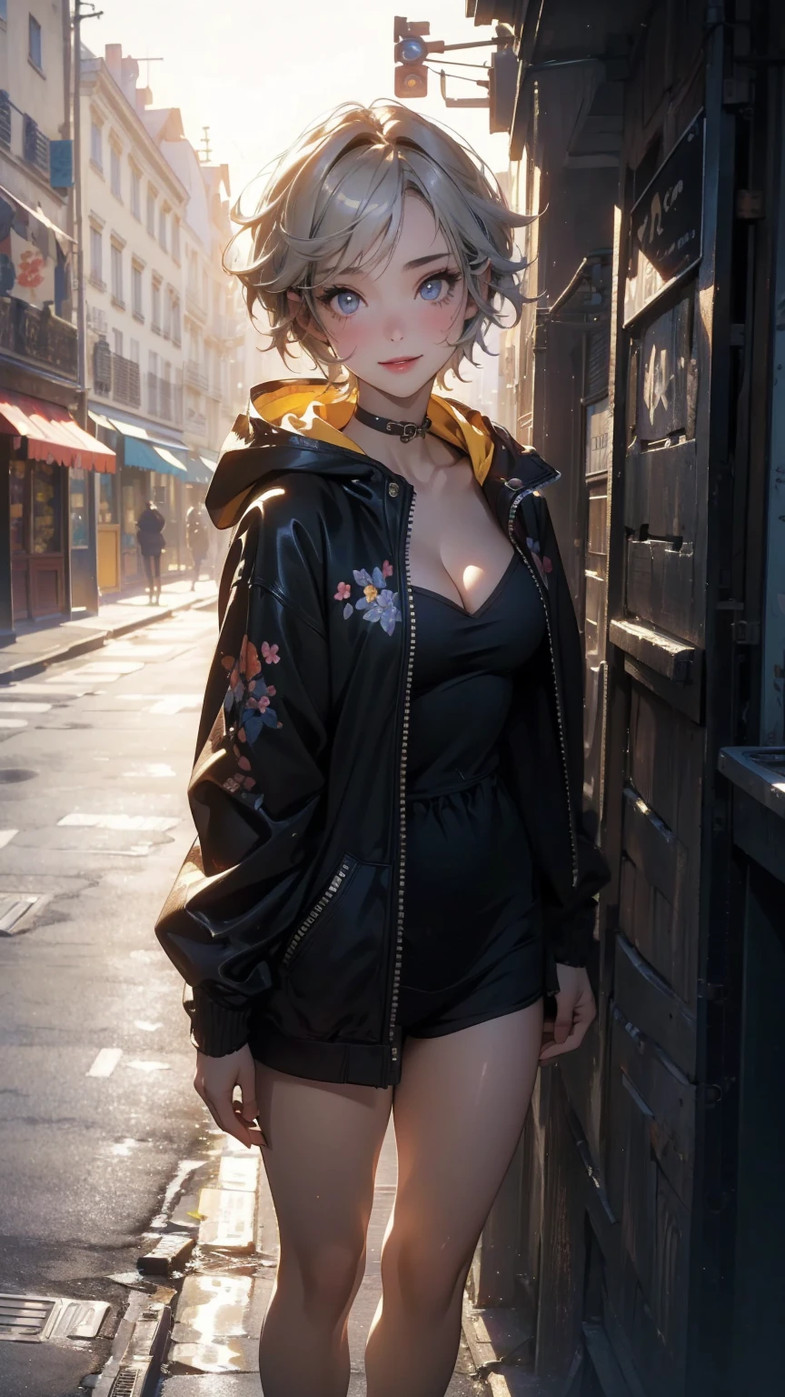 (Highly detailed CG unit 8k wallpaper, masterpiece, High resolution, highest quality, natural skin texture), Composition from head to stomach:1.5, (20 year old woman, selfie pose:1.3, smile, detailed eyes, gradient eyes), (Stalgic Fashion, Yellow hooded jacket, mini shorts, Asymmetrical punk short hair:1.2, ash gray hair, Slightly exposed cleavage), (Backstreets of Paris:1.3, Colourful flower beds along the road, cinematic lighting), high contrast, hyper realistic, digital painting, concept art,