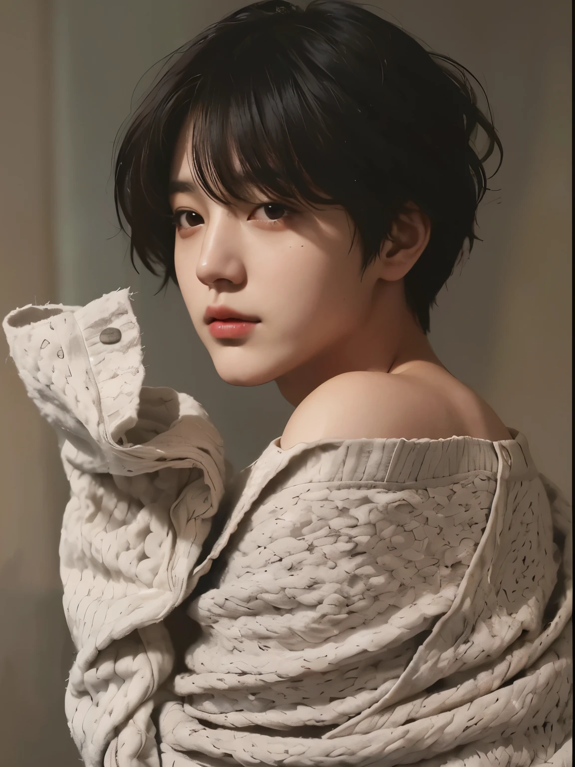a close-up of a person in a sweater and towel, com cabelo curto, sui ishida com cabelo preto, jungkook BTS , por Tadashi Nakayama, Hwang se-é, Chiho, cantor coreano , com cara fofa - linda, sui ishida, lindo cantor sul coreano , jungkook BTS
