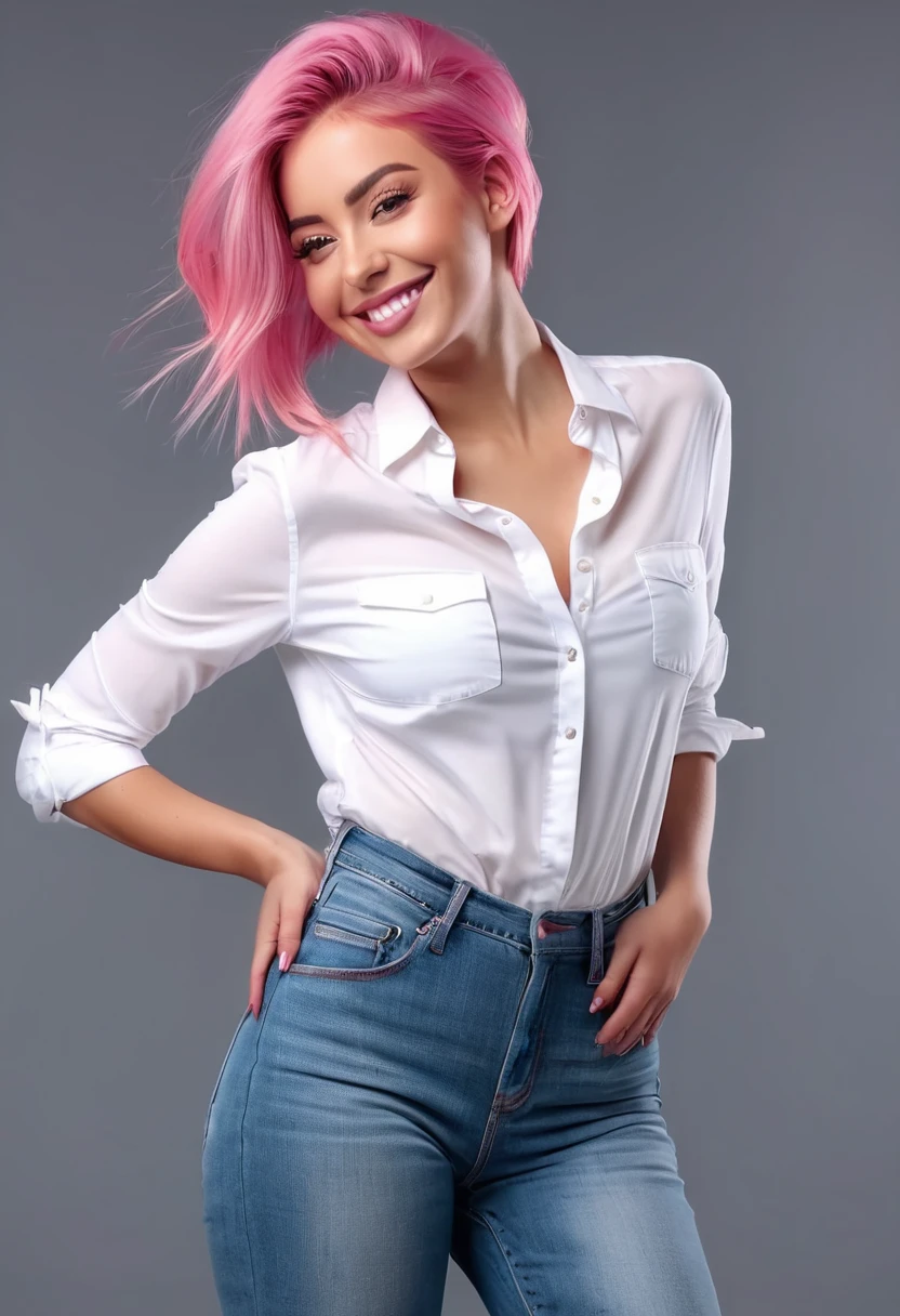 stunning woman, big , smiling at the camera, sensual poses, image for instagram, ultra detailed image, full body view. from behind looking back with jeans and a white blouse, 8k pink hair and maximum realism
