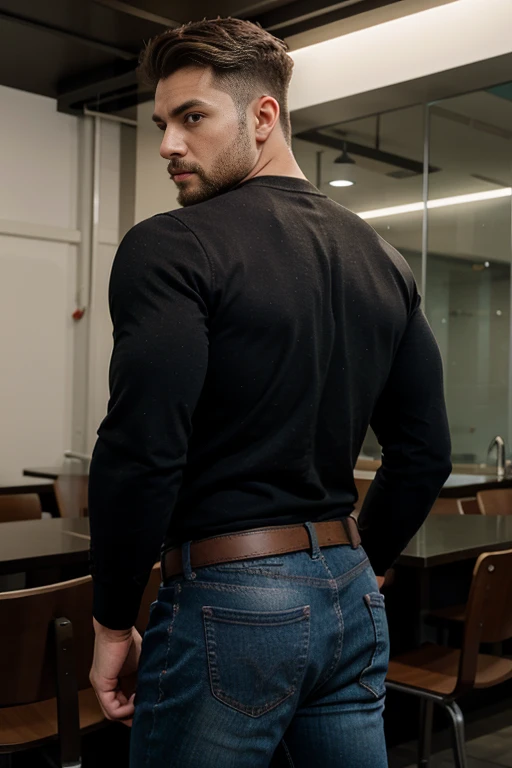 An illustration of Batman, a Greek god with a muscular build and a short, neat beard............., nalgon, designed in modern western attire............. El escenario es una ciudad cosmopolita............, evoking a classic cold atmosphere, sin dejar de mantener el aura poderosa y regia del dios. backside jeans