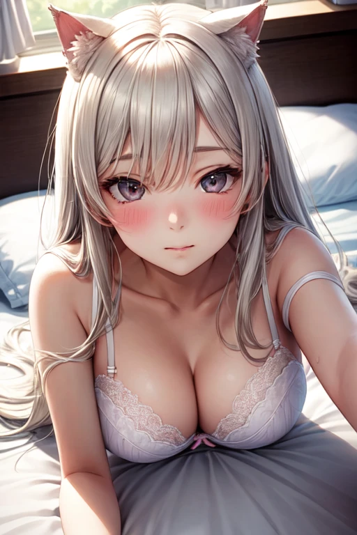 The girl is lying down on the bed her long white hair flowing over her shoulders as she looks up at the camera with a slight blush on her face. Her cat ears have been hidden in her hair but are visible when she moves her head. She is wearing a tight white bra, tight white panties, and tight white socks. Her medium breasts are barely contained by the bra as she lays on her back. The light from outside shines in through the window and highlights her curves as she is inside a house next to a bed with pink sheets. High resolution, best quality, bust shot, anime, anime girl, close up.