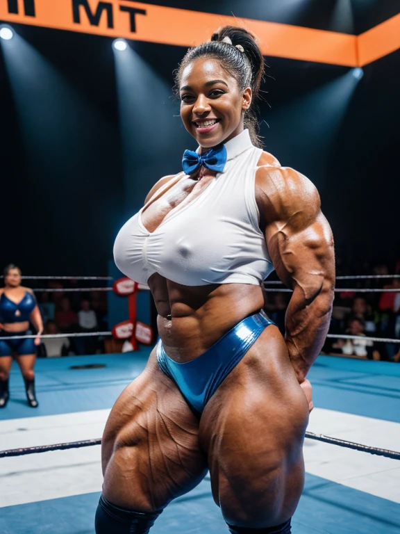 Tatyana Ali, A heavily muscled iffb pro female bodybuilder, (Raw photography:1.5)、(hight resolution:1.5)、(Raw photography:1.5),(Photorealsitic:1.38)、(sharp focus:1.5) 、18 only、One girl、((Cowboy Shots:1.2)),((Body Like a Male Bodybuilder:1.8))、((tall:1.4)),((Thick arms with sculpted muscles:1.28)),((long legged:1.4)),((Sculpted muscular thick thighs:1.65)),((large full breasts:1.2))、
((fair white skin))、
((Delicate and perfect beautiful face,beatiful detailed eyes、big eye、double eyelid、Smiling))、
(English latex uniform 、White short-sleeved shirt、a bow tie、Navy Blue latex Pleated Skirt、Dark blue high socks:1.2)),((hime-cut)),
((Standing up with a shrug:1.2))、
((In a WWE wrestling ring))、
looking at the viewers、Facing the audience,The dim、