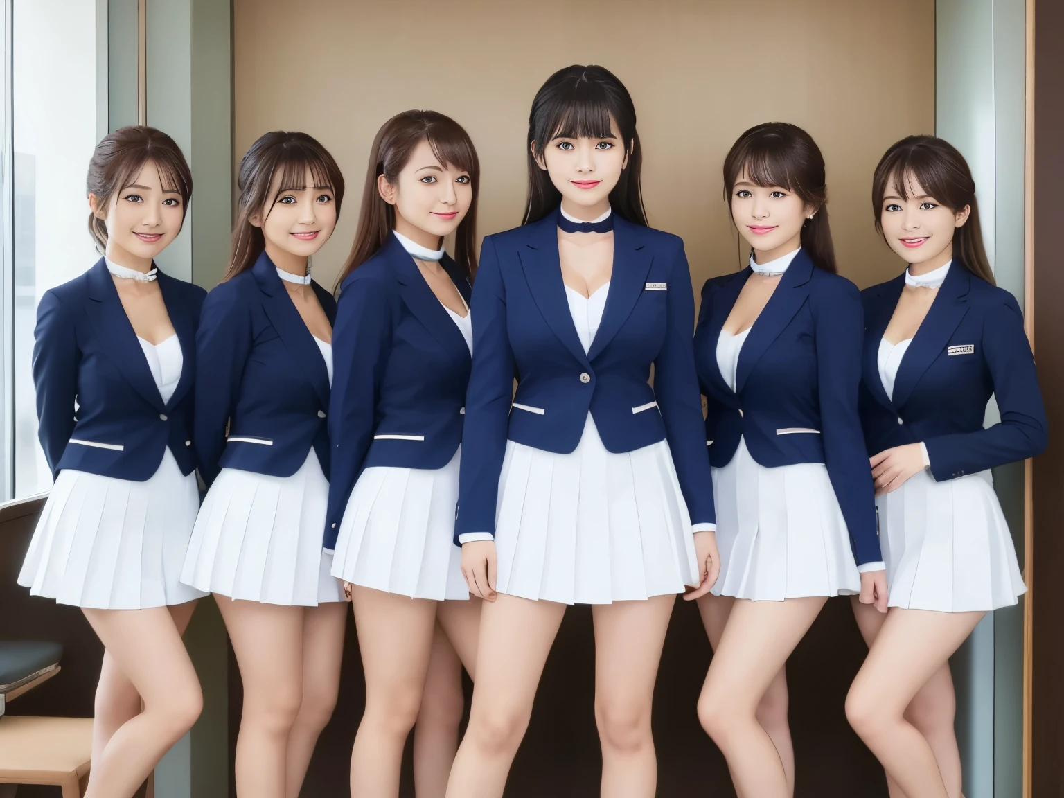 ミニスカート 集合写真 女性の制服姿のグループが写真を撮っている近景 - SeaArt AI