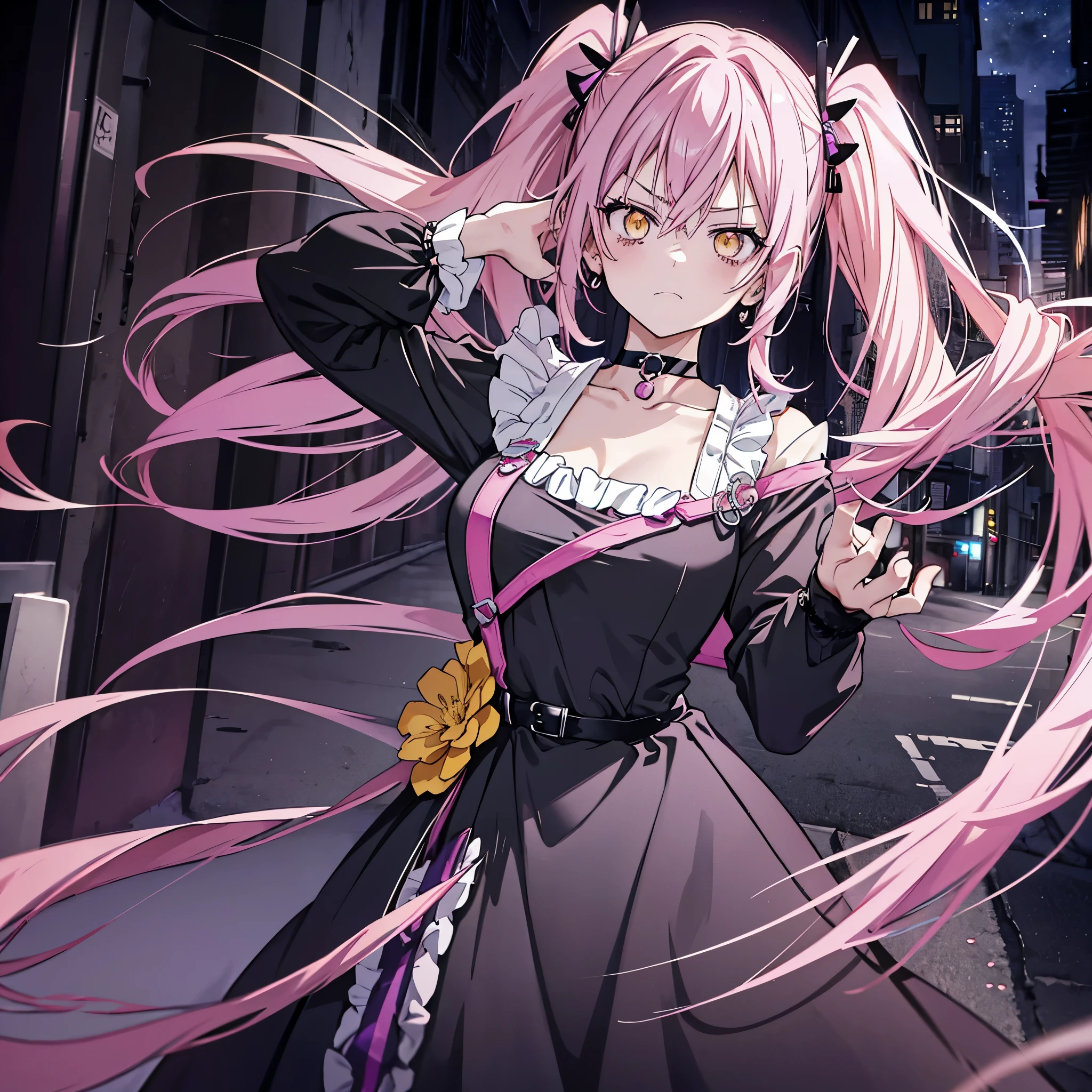 1 girl twintails hair, long hair, pink hair, yellow eyes anime, medium breasts, medium ass, Hairpins, Choker, Serious, sad face, wearing a black wizard dress with purple details, open hand, purple firepower in hand, shining power, ultra detailed, 8K wallpaper, At night, in an alley, buildings with a blurred background