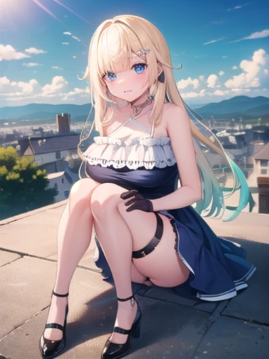(masterpiece:1.3),((High resolution)),((high quality)),((Super detailed))、1 girl、perfect balance、perfect face、detailed face、cute face、beautiful詳細な目、Expressive eyes、cute eyes、shiny eyes、perfect body、beautiful体、Emma Aizawa,long hair、gradient hair、hair ornament、lace choker、black choker、bear shoulder、Chris Cross Halter、Blue Dress、frills、black ribbons、Black Gloves、thigh strap、Stocking with only the right foot,((fishnet))、((single thigh high)),(big breasts)、(head shot)、embarrassing、blush、beautiful女の子、cute face、beautiful顔、cute face、beautiful、best quality、good anatomy、smile、closed mouth、blush、Are standing、From above、(NSFW:1.3), ((full body)),((Super detailedな背景)), mistress pose, ((8k wallpaper)) , smile, blush, outdoor, Day, blue sky, empty, looking at the viewer, moody lighting, face-to-face audience、sitting、From above