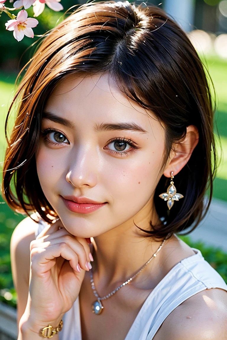 Save this image、Pale face and eyes:1.3、薄くてPale face and eyes:1.3, blue eyes:1.3、8K, {highest quality}, {{masterpiece}}, {very delicate and beautiful}, outstanding light and shadow, highly detailed wallpaper, clear and bright sunlight, whole body, whole body、 1 girl, , blush、brown short bob hair:1.3, strong sunlight, Girly Style Fashion:1.5, delicate hair, B cup breasts, realistic skin texture, visible wrinkles on the skin., broad shoulders,window, ((a strong light shines on your face)), cowboy shot:1.5, necklace、ring、earrings、smile:1,5, A park with cherry blossoms in full bloom:1.5