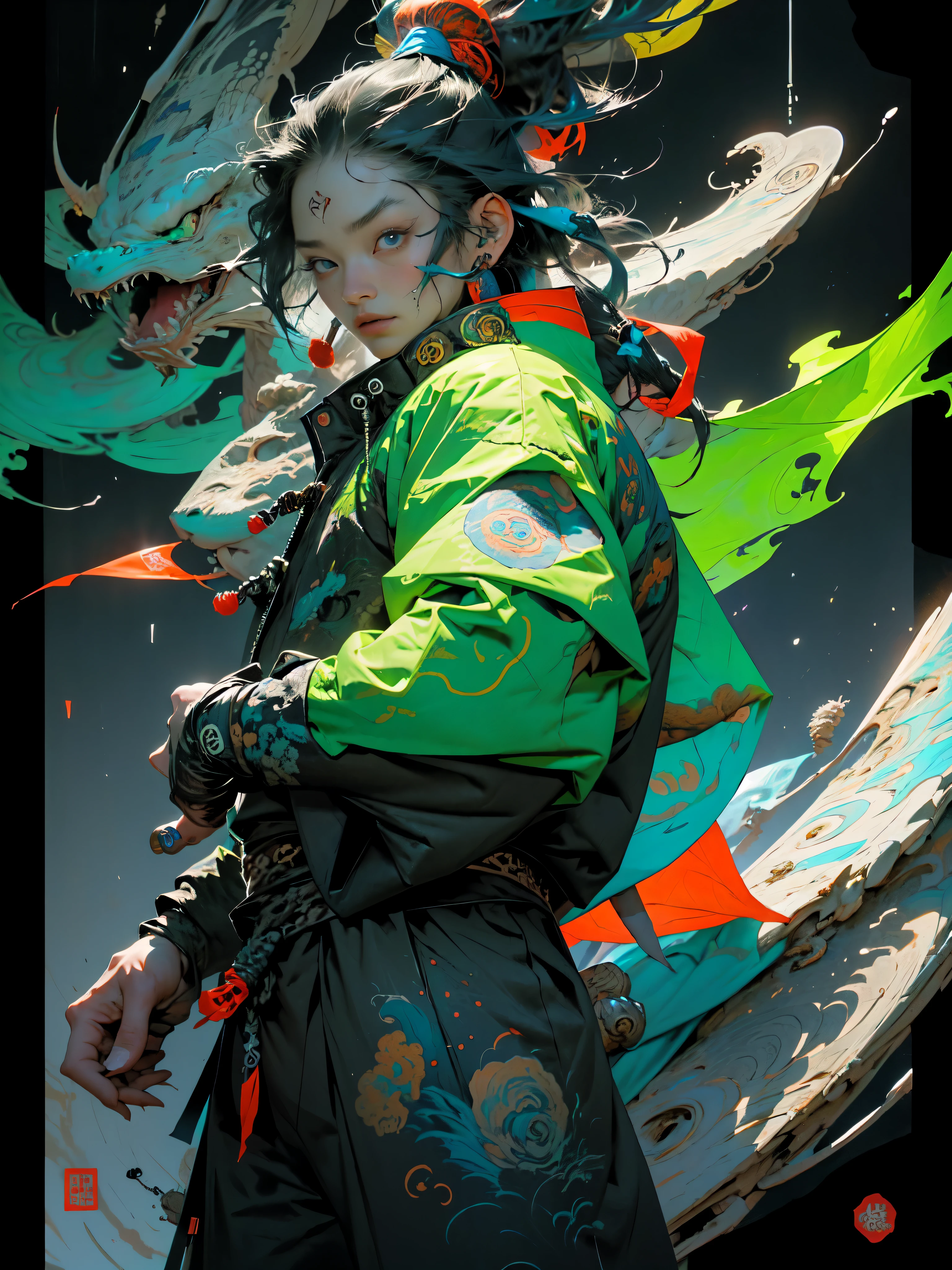 wuxia,1rapper with tattoos,dread hair,puffer jacket,super colorful,luminous colorization,illustration