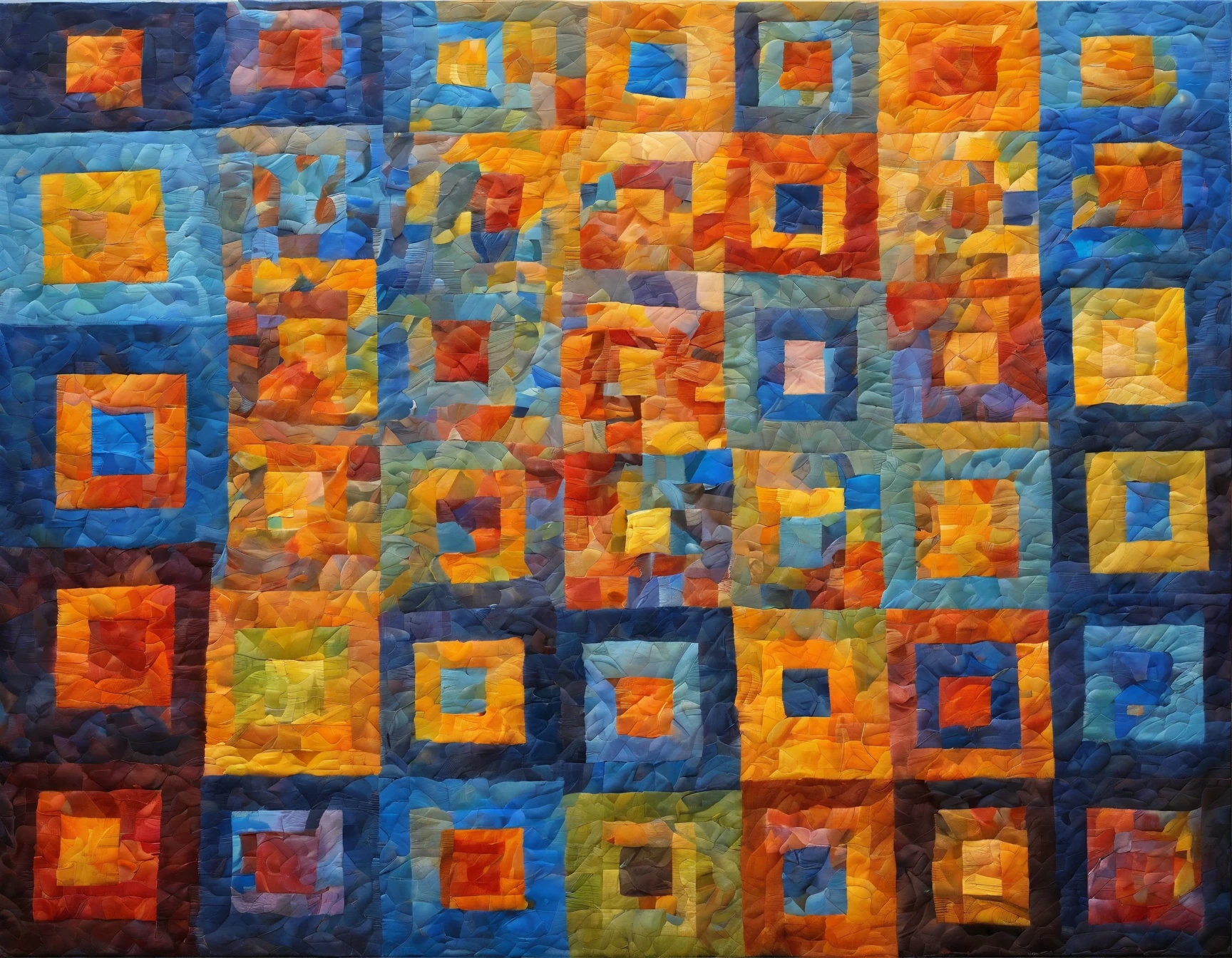 a quilt consisting of squares arranged organized in a Fibonacci Spiral, repeating continuous Fibonacci Sequence, colorful geometric shapes, theme yellow and blue, Beautiful, fabric